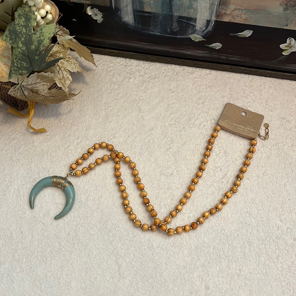 NWT Beautiful Wooden Bead Necklace with turquoise half moon pendant